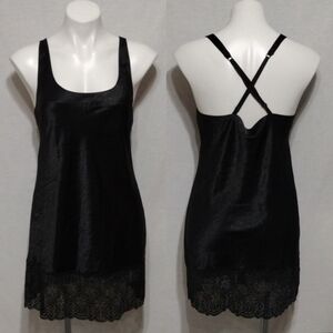 Victoria's Secret Gold Label Black Satin Slip Dress Medium Cross Back Lace Hem